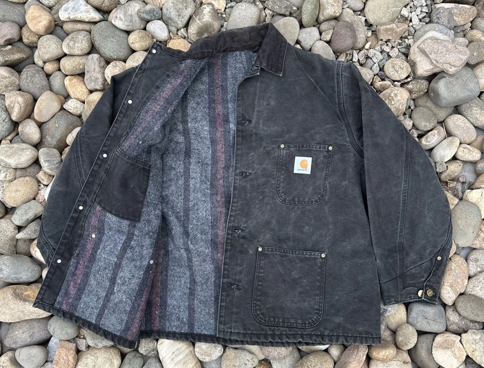 Vtg Carhartt XL Black Chore Jacket Blanket Lined Corduroy Collar Workwear Coat