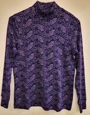 Lands' End Paisley Mock-neck Cotton Sweater, Purple. M (10-12) Relaxed Fit. New
