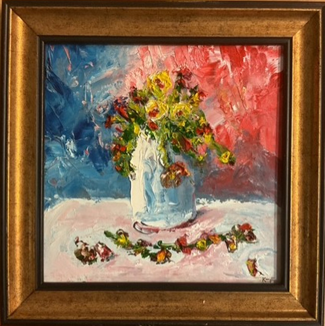 Impressionistic oil painting of vase with flowers