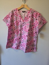 Just Love PInk Hearts Flowers Nurses Medical Scrub Top XL Doctor Vet Dental