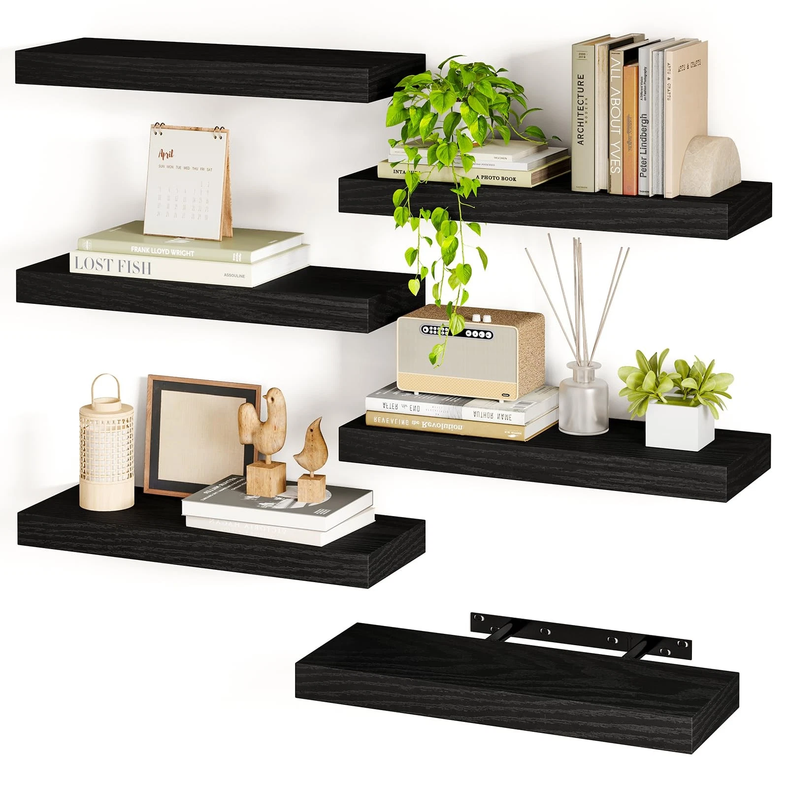 Fixwal 15.8in Black Floating Shelves, Set of 6 Wood Shelves, Farmhouse Shelf