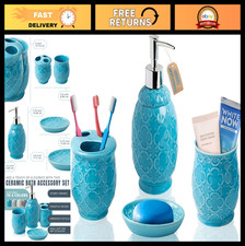 4-Piece Ceramic Bathroom Accessory Set - Modern Blue Glossy Vanity Essentials