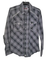 Rock 47 by Wrangler Men  s Small Plaid Western Snap Shirt Gray Black Pearl Snaps
