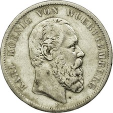 [#71009] German States, WURTTEMBERG, Karl I, 5 Mark, 1876, Silver, EF, KM:623