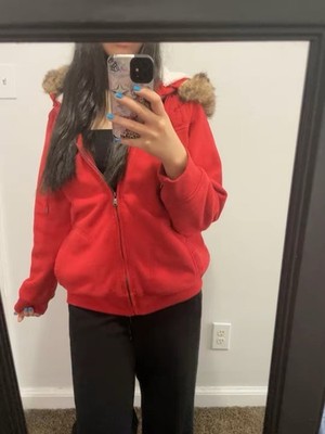 Red Hooded Jacket with Faux Fur Trim, Full Zip, Long Sleeve, Women's Casual