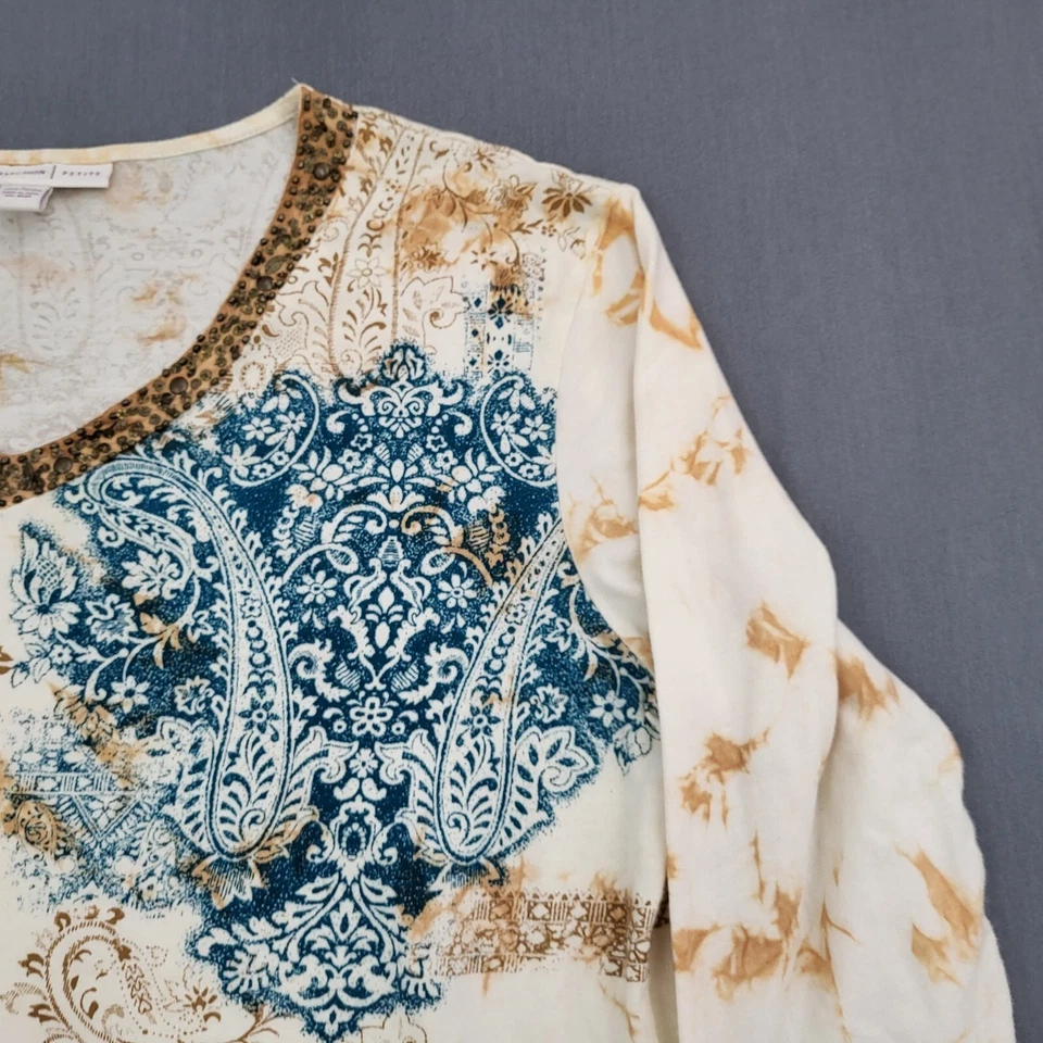 JM Collection Shirt Womens Peite PL 3/4 Sleeve V Neck Pullover Paisley Beige - Image 3 of 4