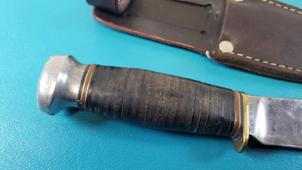 Старинный мраморный охотничий нож Gladstone + кожаные ножны 1916 пат. Дата TR611 - Изображение 3 из 4