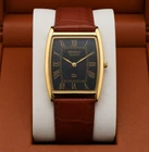Seiko Vintage Slim Tank Quartz Watch Black Dial Brown Strap Men