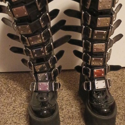 Demonia Women's Black Knee-High Platform Boots, Round Toe, Buckle Straps, Zipper