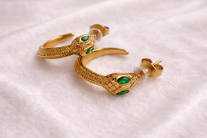Authentic 18K Gold Plated Snake Stud Earrings Green CZ Stainless Steel Serpent