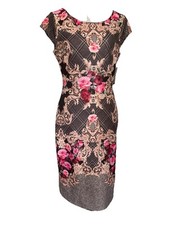 NUEVO CON ETIQUETAS VESTIDO NY&CO M ELEGANTE ESTILO FUNDA CREMALLERA TRASERA MANGA GORRA ESTAMPADO ROSA Y TARTÁN