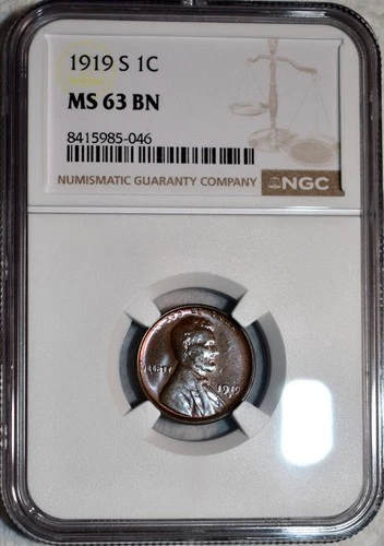 NGC MS-63 BN 1919-S Lincoln Cent, Attractively Toned w/ Cartwheeling Luster.