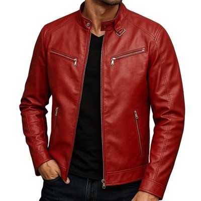 Men's Genuine Leather Biker Jacket Red Cafe Racer Motorcycle Slim Fit Zip Coat