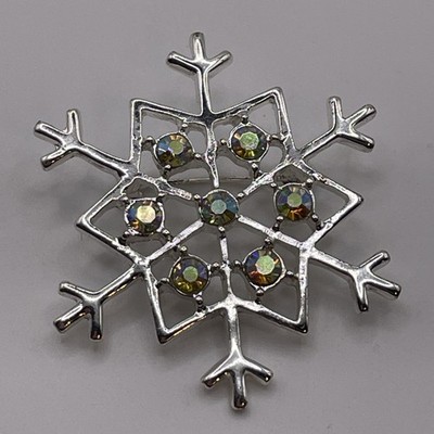Brooch Pin Vintage Xmas Snowflake Silver Tone Rhinestones Jewelry