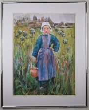 Young Dutch Milkmaid in a meadow. Original pastel by listed artist Brian Halton