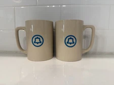 Two Vintage Bell System Ceramic Mugs Cups Telephone Co Logo Blue Tan