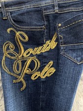 Y2K Women South Pole Low Rise Gold Embroidered Dark Wash Jeans Sz 7 30x31 1/2
