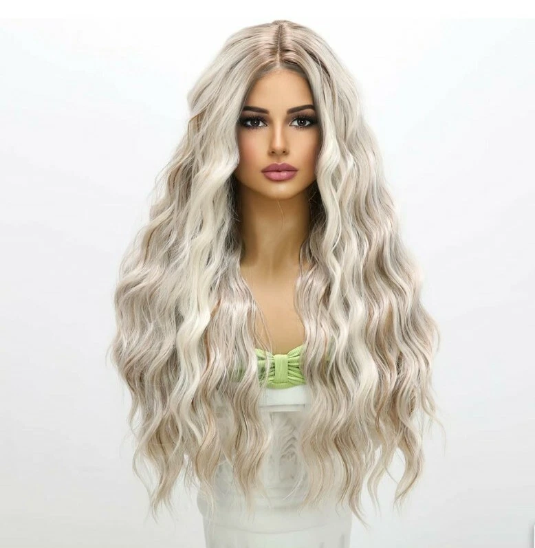 Peluca frontal de encaje HD rubia ceniza rubia clara larga ondulada mezcla de cabello humano resaltados rizados Foto 2 de 4