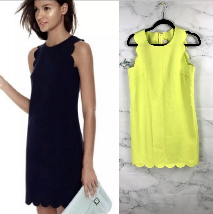 neon yellow shift dress J Crew Womens Neon Yellow Green Shift Dress Sz 4 Scalloped Sleeveless