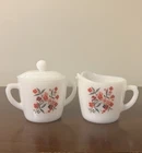 Vintage Fire King Primrose Milk Glass Oven Ware Creamer Sugar Bowl & Lid Set