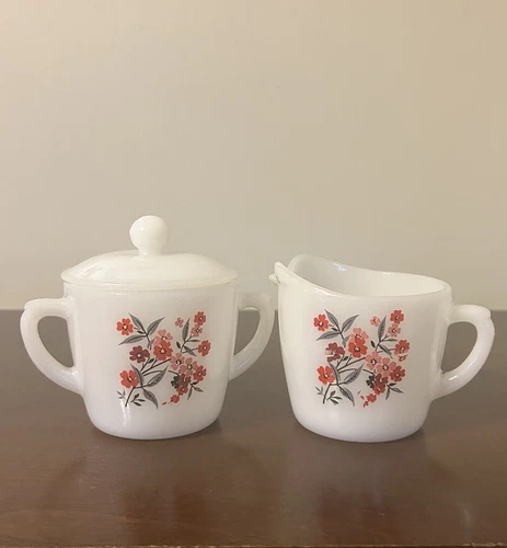 Vintage Fire King Primrose Milk Glass Oven Ware Creamer Sugar Bowl & Lid Set
