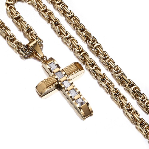 Women Men's Cross Pendant 18K Gold Stainless Steel 5mm Byzantine Chain Necklace