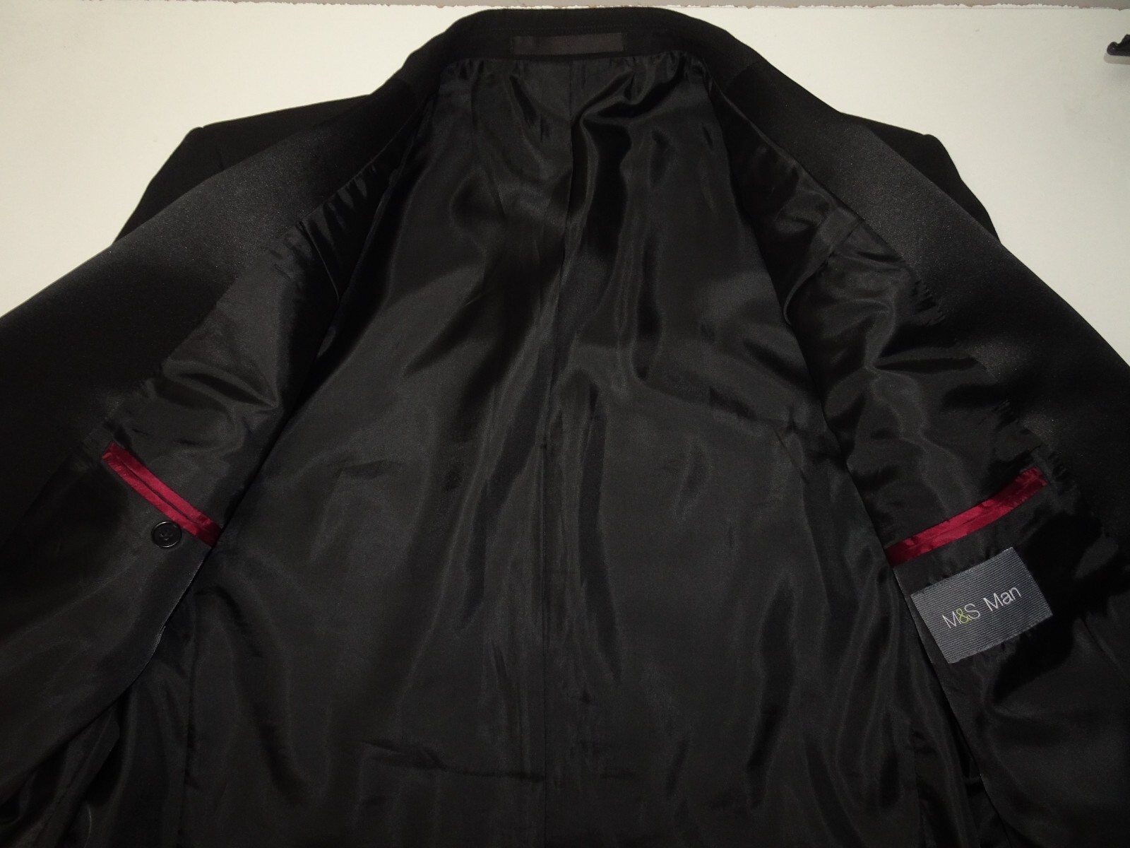 M&S Dinner Suit Tuxedo JACKET Black Satin Lapel Single Breasted SIZE