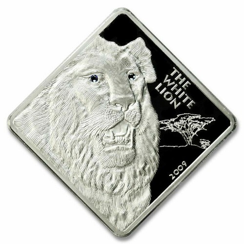 MALAWI White Lion Swarovski Crystal Eyes 50 Kwacha 2009 2 oz Proof Silver !RARE! - Foto 1 di 5