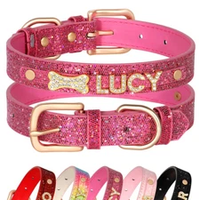 Personalized Dog Collar Leather Rhinestone Bling Charms Custom Free Pet DIY Name