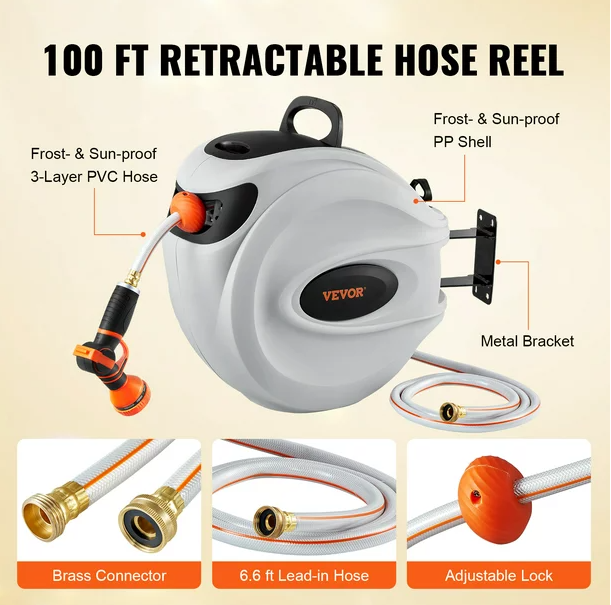 Retractable Hose Reel, 100 ft x 1/2 inch, 180° Swivel Bracket Wall