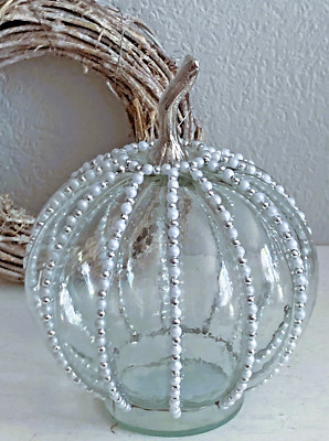Clayre & Eef, Großer  Kürbis Glas,  mit Perlen, Transparent  Silber, H: 19 cm,