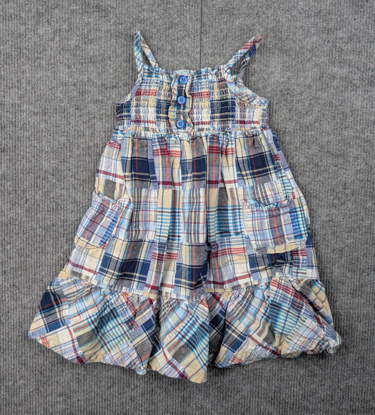 Vintage Faded Glory Dress Girl 3T Madras Plaid Organic Cotton Smocked Tiered Y2K