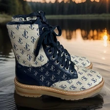 New Jimmy Choo Cora Navy Blue Monogram Canvas Combat Boots Size 38.5