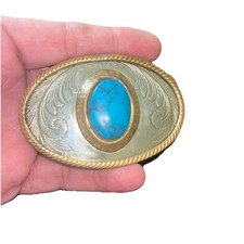 VTG Gold Rope Trim German Silver Etched Scroll Turquoise Stone Rodeo Belt Buckle