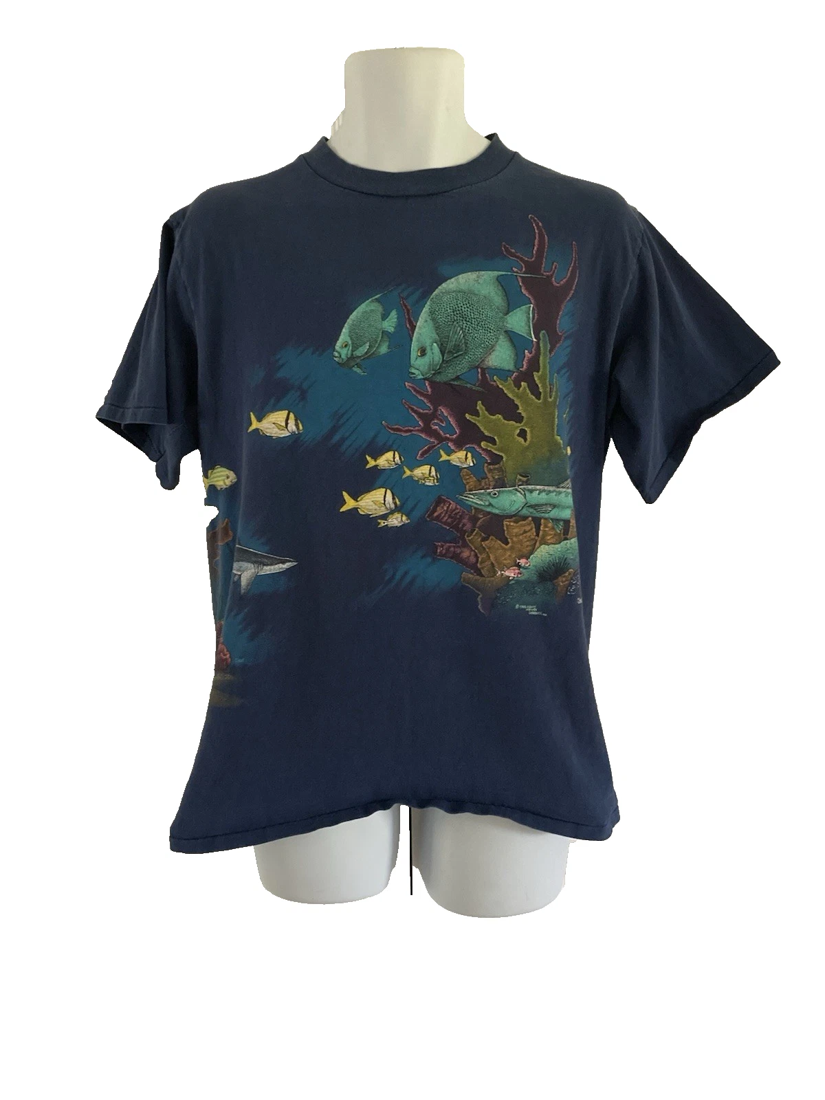 VINTAGE Harlequin Wrap Around Fish Shirt Men's Large Blue Ocean Nautical 90s USA