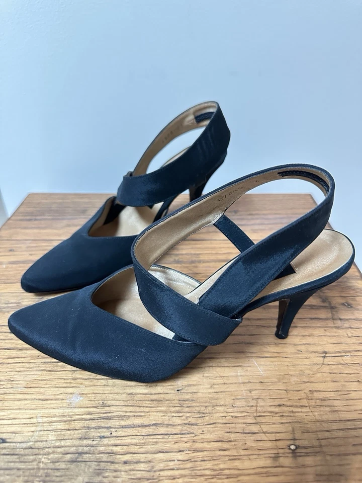 Kenneth Cole Black Satin Slingback Elegant Evening Sexy Heels 6M - Image 2 of 4