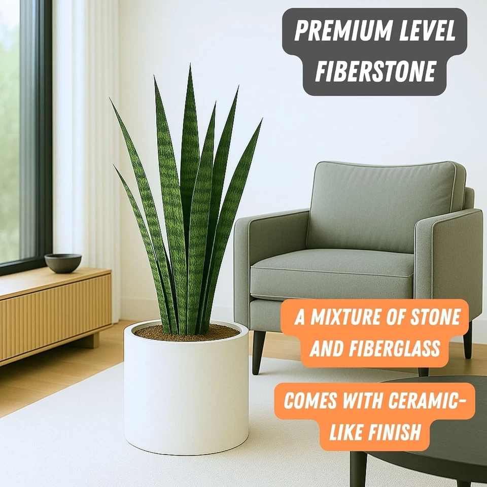 Large White Fiberstone Planter - 14.6 Inch Lightweight Pot - Image 4 of 4