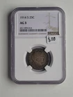 1914 S Silver Barber Quarter AG3 NGC Graded Semi Key Date