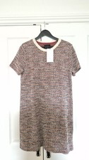 ZARA Multicolor Bouclé Tweed Shift Dress Size Large Short Sleeve Pearl Trim
