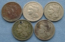 US 3 Cent Nickel 5-Coin lot - 1865/1866/1867/1868/1881 (3C three cents)