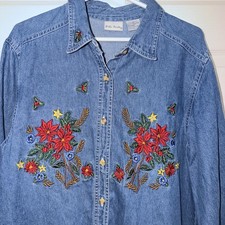 Vtg 90s Bobbie Brooks embroidered blue denim Christmas Flowers Button Up Med