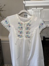 Gilead VINTAGE Lace White Embroidered Full length Nightgown embroidered Pom Poms