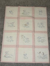 Vintage Hand Embroidered Pink Animal Baby Quilt Nursery Donkey Floral