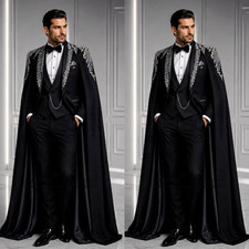 Prom Men's Black Suit with Cape Sliver Embroidery Wedding Groom Jacket Blazer