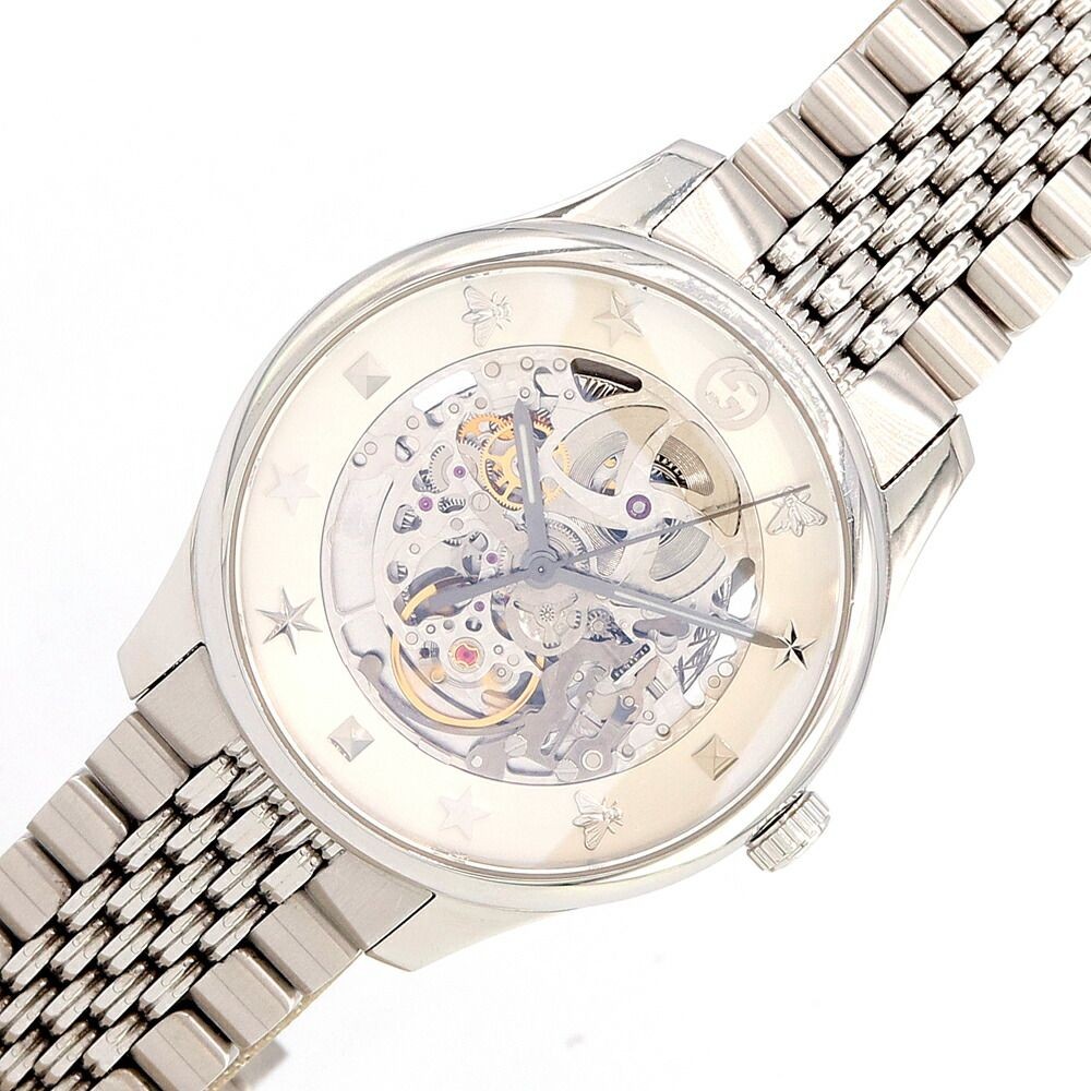 Gucci G-Timeless Men's Steel Skeleton Auto Watch Silver Used From Japan
