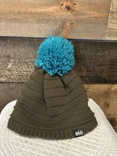 REI Co-op Beanie Hat Girls One Size Brown Blue Pom Knit Fleece Lined Winter
