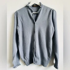 Maurice Abot light dusty blue wool angora cardigan w/ a ruffled collar and cuffs
