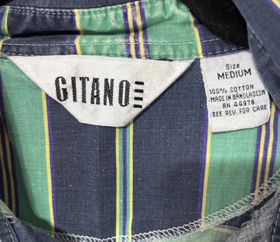 Camisa Gitano Años 90 Rayas Para Hombre M Verde Azulado Azul Marino Rayas Verticales Abotonada De Colección Foto 2 de 4