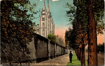1910s Along The Wall Of Mormon LDS Temple Salt Lake City Utah Vintage Postcard
