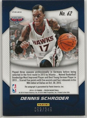 2015/16 Panini Prizm Blue Pulsar autógrafo #62 Dennis Schroder 092/249 - Imagen 2 de 3